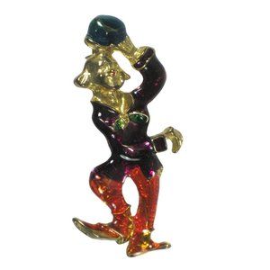 Clown Figural Entertainer Brooch Pin VTG 60 50 Dancing Enamel Hat Bowtie Red